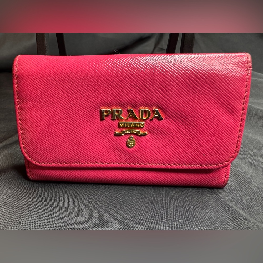 Prada Saffiano Leather Card Holder Key Wallet in Vibrant Pink with Gold Logo
